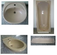 BATHROOM-SET in Beige incl. bath + washbasin + bidet + shelf