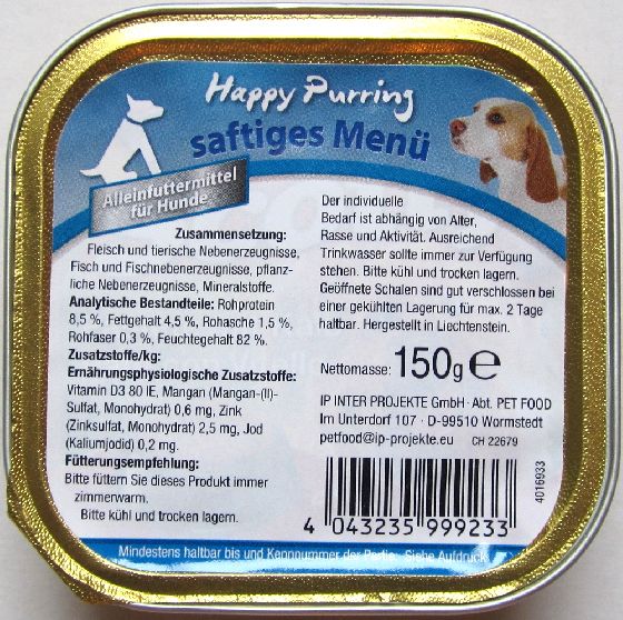 Happy Purring Alleinfutter für Hunde 150g Alu Schale